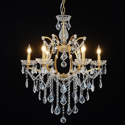 8-Light Crystal Chandelier Gold Finish Modern Luxury Antique Flush Mount Chandelier with Crystal Drops Prisms Beads, Elegant Dining Room Living Room Entryway Foyer Ceiling Light Fixture
