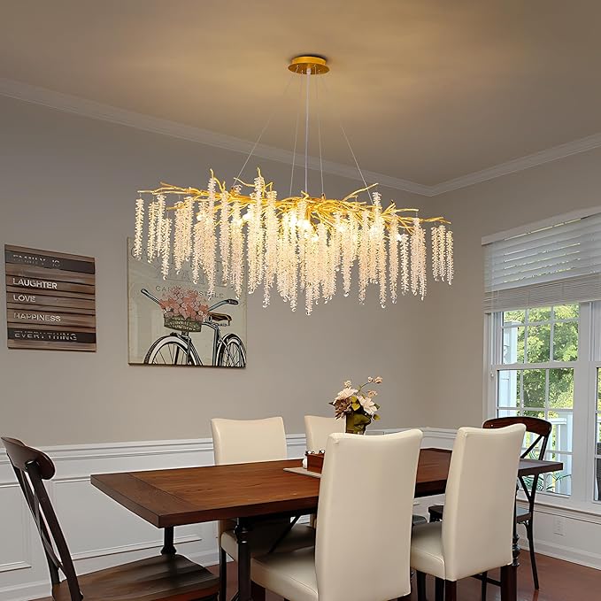 Tree Branch Chandelier L47 Luxury Rectangular Crystal Raindrop Pendant Light 13 Lights Kitchen Island Hanging Light Fixture for Living Room Dining Room Foyer Entryway Gold