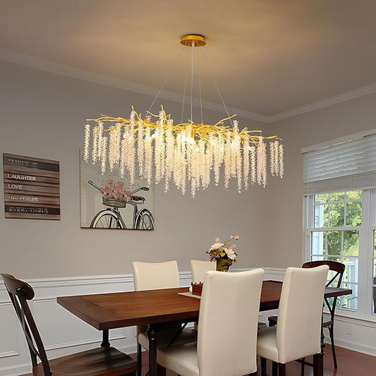 Tree Branch Chandelier L47 Luxury Rectangular Crystal Raindrop Pendant Light 13 Lights Kitchen Island Hanging Light Fixture for Living Room Dining Room Foyer Entryway Gold