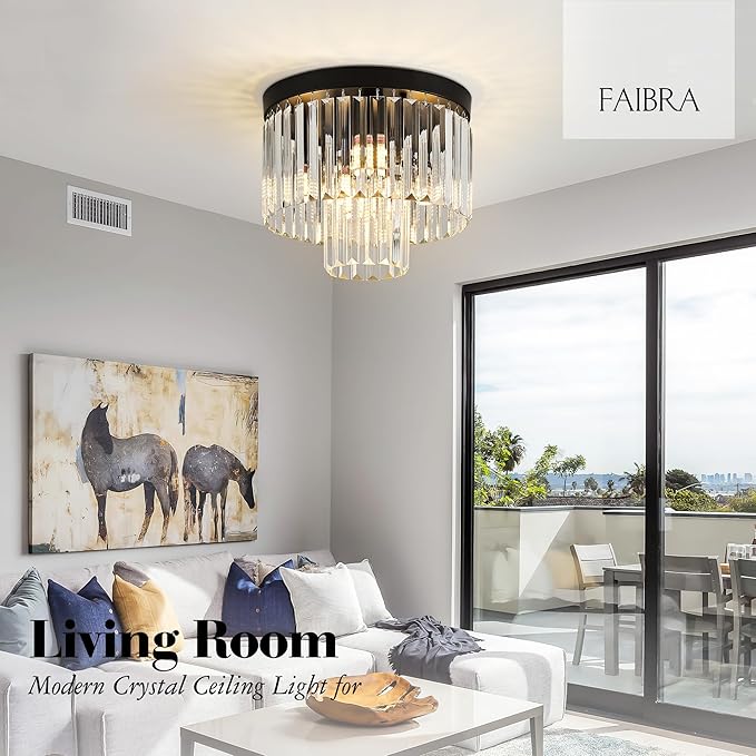 12.6" Black Crystal Ceiling Light 4-Light Modern Fixture 2-Tier Luxury K9 Crystal, for Dining Room Kitchen Island Living Room Bedroom