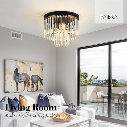 12.6" Black Crystal Ceiling Light 4-Light Modern Fixture 2-Tier Luxury K9 Crystal, for Dining Room Kitchen Island Living Room Bedroom