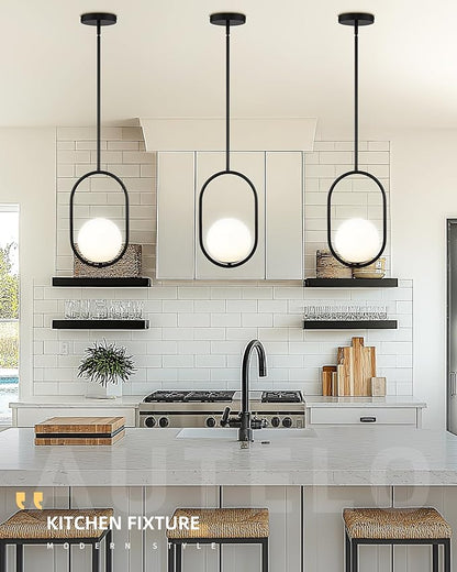 AUTELO 2 Pack Pendant Lights Kitchen Island, Matte Black Glass Pendant Lights with Milky White Globe Hanging Lamp, Adjustable Rods for Kitchen Bar Dining Room, H9376 MGBK-2PK