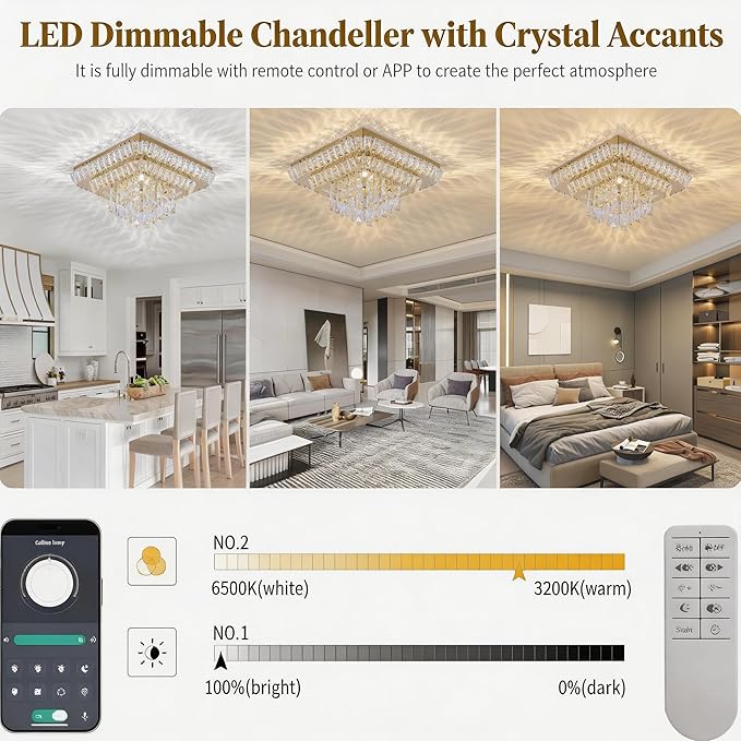 Miuyhji Elegant LED Gold Crystal Raindrop Ceiling Light,18 Inch Square Flush Mount Chandelier with Remote for Living Room Kitchen Island Bedroom Hallway Entryway Foyer (Dimmable)