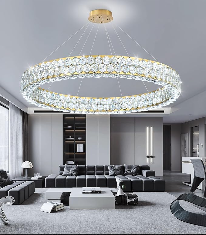 Modern Crystal Chandelier Large Ring Chandeliers for Living Room High Ceiling Chandeliers for Round LED Dimmable Ceiling Light Fixture for Foyer Lobby Bedroom Dining Room Gold