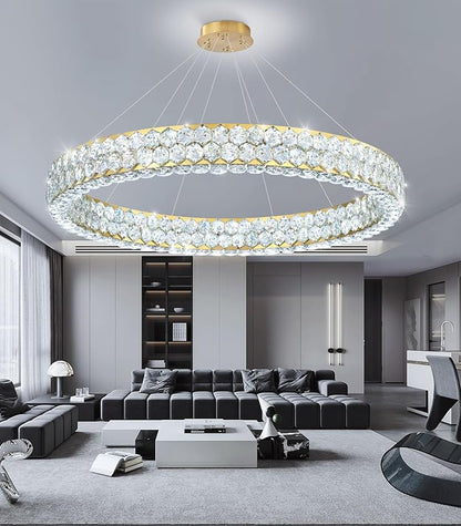 Modern Crystal Chandelier Large Ring Chandeliers for Living Room High Ceiling Chandeliers for Round LED Dimmable Ceiling Light Fixture for Foyer Lobby Bedroom Dining Room Gold
