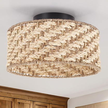 12.6-inch semi-Flush Mount Ceiling Light Fixture - 3-Light Pure Hand-Woven lamp for Dining Room
