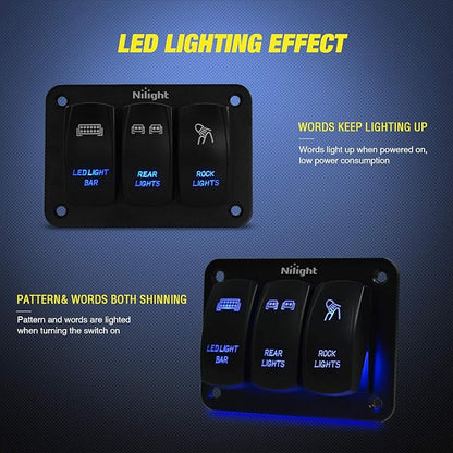 Nilight - 90105C 3 Gang Aluminum Rocker Switch Panel 5 Pin ON/Off Pre-Wired Toggle Switch Panel With Rocker Switch Holder 12/24V for Marine Boat Car ATV UTV, 2 Years Warranty,Blue