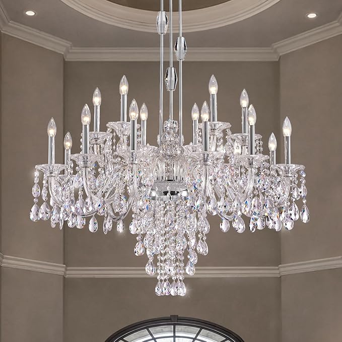 18-Light Crystal Candle Chandelier, Chrome Chandelier for Foyer, Staircase & High Ceiling Living Room, Adjustable Height, E12 Base