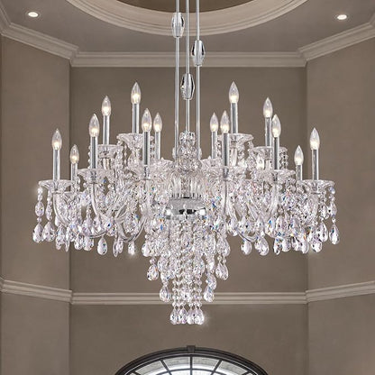 18-Light Crystal Candle Chandelier, Chrome Chandelier for Foyer, Staircase & High Ceiling Living Room, Adjustable Height, E12 Base