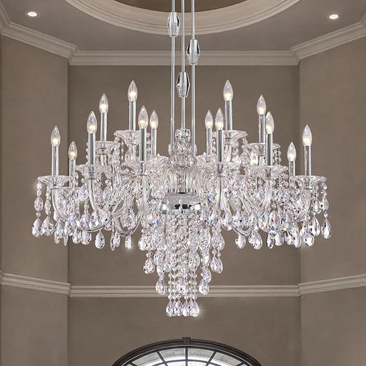 18-Light Crystal Candle Chandelier, Chrome Chandelier for Foyer, Staircase & High Ceiling Living Room, Adjustable Height, E12 Base
