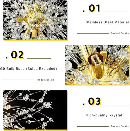 Qamra Modern Gold Crystal Chandeliers, Firework Dandelion Sputnik Chandelier Light Fixture Pendant Lighting for Dining Room, Bedroom, Kitchen, Living Room(9-Light, Gold)