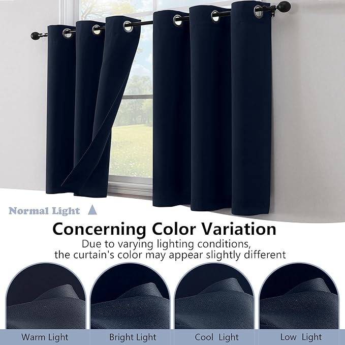 Simplebrand Navy Blue Window Valance for Kitchen 14 Inches Long 2 Panels Set, Room Darkening Valance Curtains for Living Room, Grommet Short Privacy Kitchen Curtains for Bedroom Kids Room, 40Wx14L