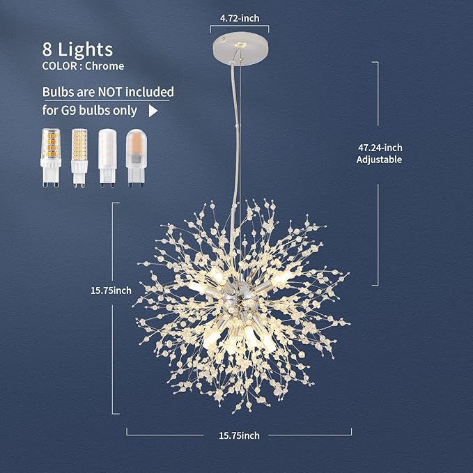 CM MZY Modern Crystal Chandeliers Firework, 8-Light Chrome Dandelion Sputnik Ceiling Light Fixtures, Sputnik Chandelier for Bedroom Living Room Dining Room Kitchen Island Hallway
