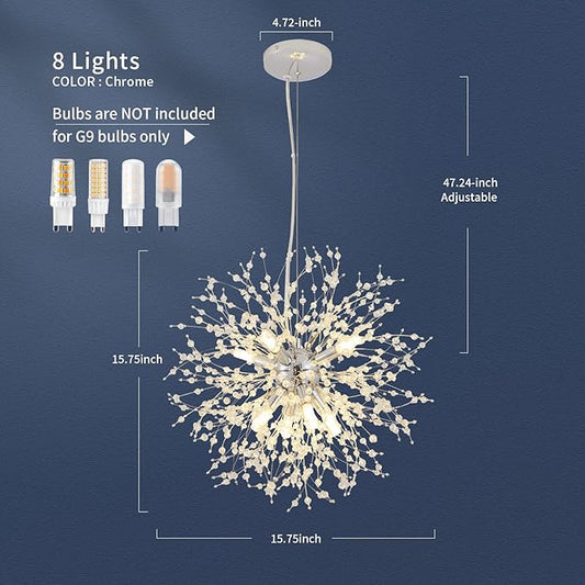 CM MZY Modern Crystal Chandeliers Firework, 8-Light Chrome Dandelion Sputnik Ceiling Light Fixtures, Sputnik Chandelier for Bedroom Living Room Dining Room Kitchen Island Hallway