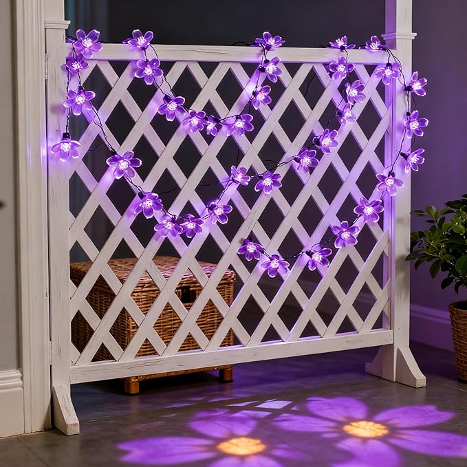 JACUXLSS Decorative Flower String Lights, 33ft 100 LED Clear Wire Plug in Fairy Lavender Cherry Blossom Easter Christmas Hanging Decorations, Violiet Wedding Party Indoor Outdoor Decorations (Purple)