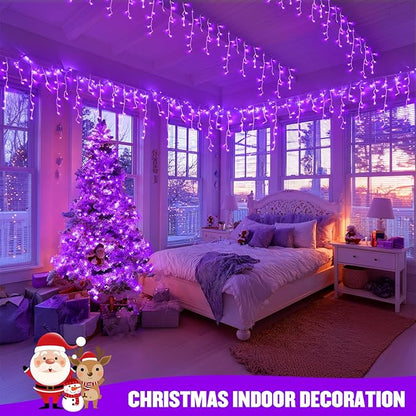 JMEXSUSS Purple Christmas Icicle Lights, 38.8 FT 400 LED Icicle Light Outdoor Waterproof, 8 Modes Purple Halloween Lights with 80 Drops Plug in for House Christmas Party Decorations