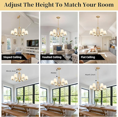 6-Light Modern Gold Chandeliers for Dining Room 47.2'' Adjustable Height Farmhouse Pendant Light with Frosted Glass Shades,Gold Round Chandeliers Hanging Lamp for Kitchen Island Dining Table Entryway