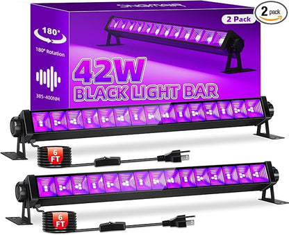 42W Black Light Bar for Glow Party, Blacklights with 6ft Cord, Plug, and Switch for Glow Party, Stage Lighting, Neon Party, Halloween Decorations, 2 Pack