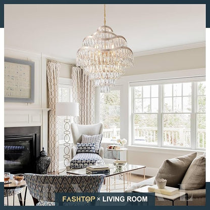 9-Tier K9 Crystal Chandelier 16 Lights Luxury Gold Light Fixtures 24" Crystal Pendant Ceiling Lighting for Living Room Dining Room Foyer Bedroom Kitchen, E12