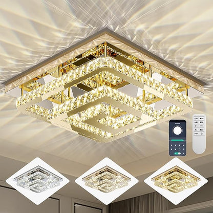 25" Crystal Gold Chandelier with Remote/App Control, 3 Color Temperature Light Fixture & Brightness Adjustable, Modern Flush Mount LED Ceiling Light Fixture for Living Room Kitchen Hallway Dining Room