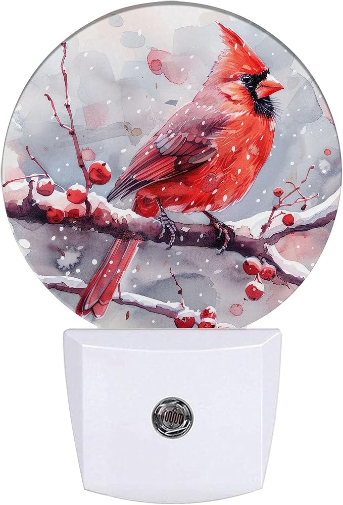 Red Cardinal Bird Night Light,Chrismas Snow Night Lights Plug into Wall for Kitchens Toilets Bedroom Decorative Half Round Nightlight Led Lamp 0.5W Sleep Friendly