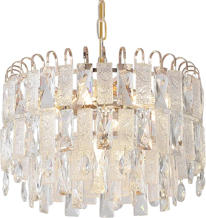 7-Light Crystal Gold Chandelier Modern 3-Tier K9 Crystal Round Light Fixture 16" Pendant Chandelier for Kitchen Island Dining Room Bedroom Foyer Entryway Hallway, E12