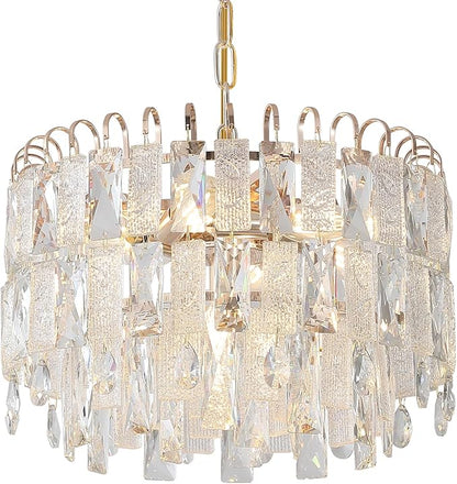 7-Light Crystal Gold Chandelier Modern 3-Tier K9 Crystal Round Light Fixture 16" Pendant Chandelier for Kitchen Island Dining Room Bedroom Foyer Entryway Hallway, E12