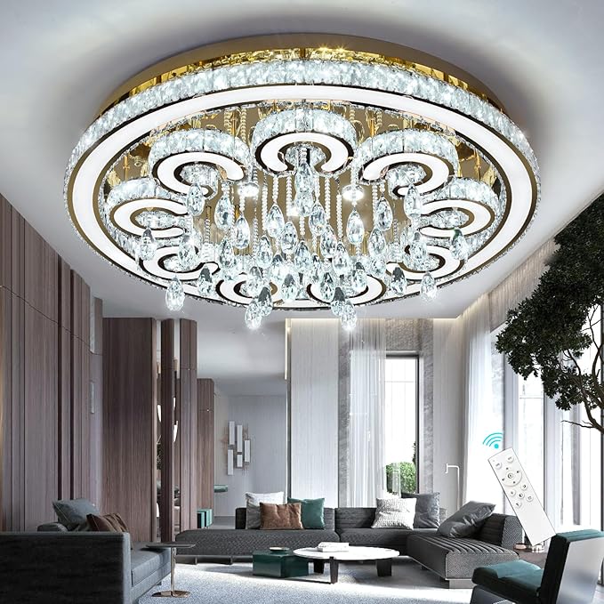 HAIXIANG Modern Glam Chandelier LED Crystal Light Interior Luxury Ceiling Chandeliers Remote Dimmable Lights Fixture 40 Inches Gold Large Size Light