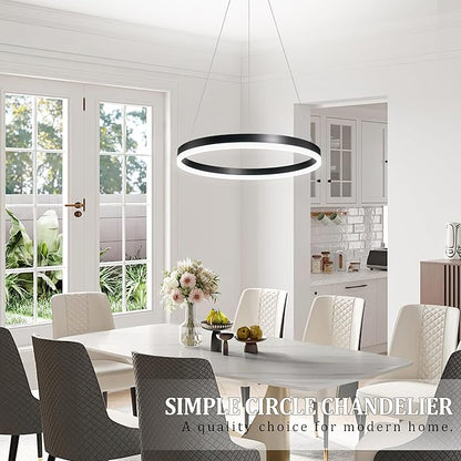 20" Modern Black Led Chandelier Ring Dimmable LED Chandeliers with Remote Control for Kitchen Island Height Adjustable Chandelier Led Pendant Light for Living Room Dining Room Bedroom Foyer