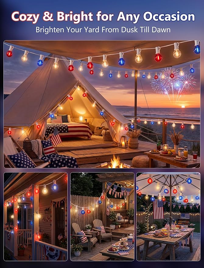 4th of July String Lights, 25FT G40 Red White and Blue Lights with 27 Shatterproof G40 LED Bulbs(2 Spare), Plug In Outdoor String Lights for Independence Day Patriotic Party Patio Backyard Decor