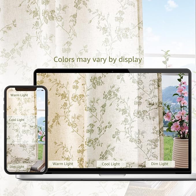 jinchan Floral Kitchen Curtains 45 Inch Linen Tier Curtains Farmhouse Cafe Half Window Drapes for Small Windows Light Filtering Sage Green on Beige for Living Room Bathroom Back Tab 2 Panels
