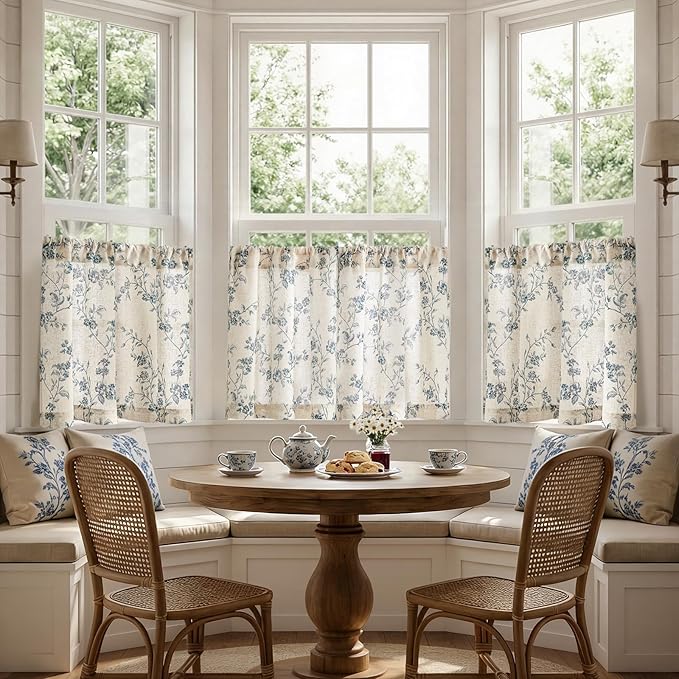 jinchan Floral Kitchen Curtains 30 Inch Linen Tier Curtains Farmhouse Cafe Half Window Drapes Over Sink Light Filtering Blue on Beige for Living Room Laundry RV Rod Pocket 2 Panels