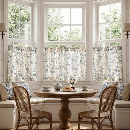 jinchan Floral Kitchen Curtains 30 Inch Linen Tier Curtains Farmhouse Cafe Half Window Drapes Over Sink Light Filtering Blue on Beige for Living Room Laundry RV Rod Pocket 2 Panels