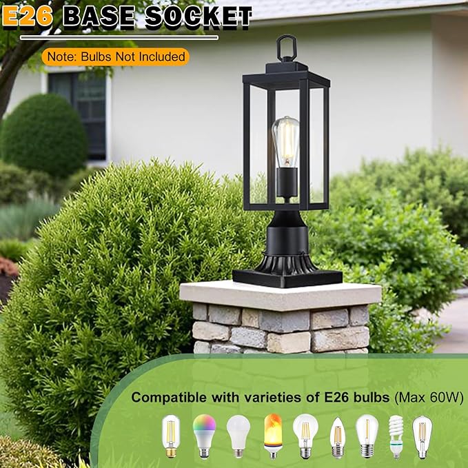 GRUENLICH Outdoor Post Lighting Fixture Pole Lantern, E26 Medium Base Max 60W, Metal Housing Plus Glass, Matte Black Finish, Bulb Not Included, 1 Pack