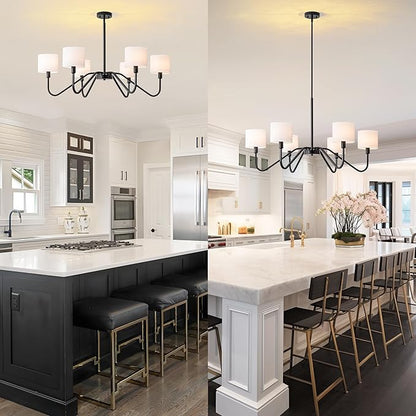 Modern Black 6-Light Chandelier, 39" Pendant Light with White Fabric Shade Adjustable Classic Chandelier Light Fixtures for Kitchen Island Dining & Living Room Entryway