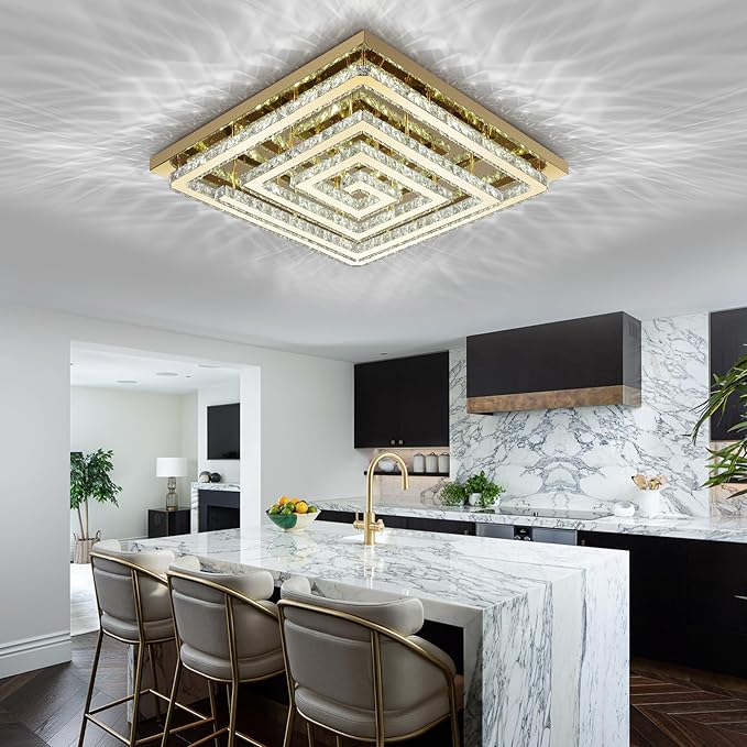 43 inch Gold Crystal Chandelier with Remote/APP Control, 3 Color Temperature Light Fixture & Brightness Adjustable, Modern Flush Mount LED Ceiling Light Fixture for Living Room Kitchen Dining Room