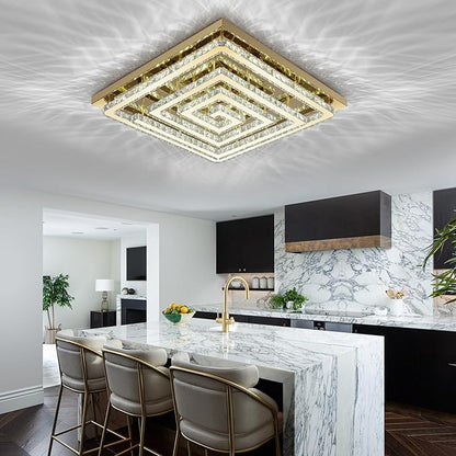 43 inch Gold Crystal Chandelier with Remote/APP Control, 3 Color Temperature Light Fixture & Brightness Adjustable, Modern Flush Mount LED Ceiling Light Fixture for Living Room Kitchen Dining Room