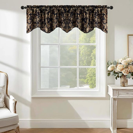 StangH Luxury Floral Printed Valance for Kitchen Window, Light Blocking Rod Pocket Velvet Drape Gold Scalloped Tier Curtain for Bedroom Living Room, W52 x L18, 1 Panel