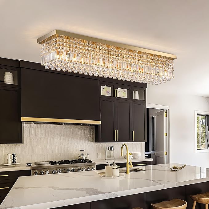 Gold Chandeliers,10-Lights Modern Crystal Chandelier, Rectangular Flush Mount Chandelier,Pendant Light Fixture for Dining Room Kitchen Room Bedroom Bathroom Hotel