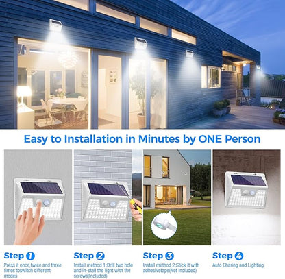 Peasur White Solar Lights Outdoor Waterproof, 6Pack 140LED Solar Powered Motion Sensor Light, 3 Modes Security Wall Lights for Fence Garden Yard Outside
