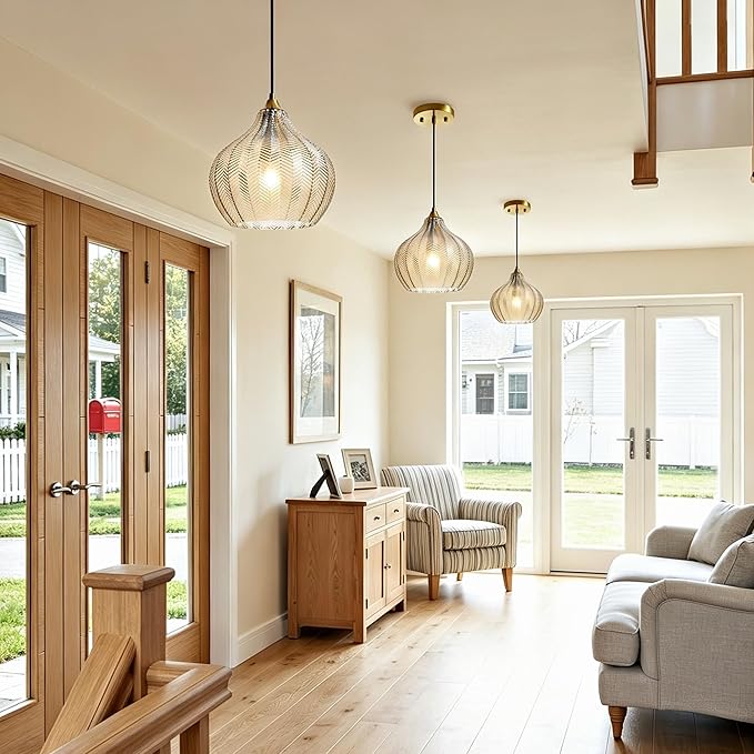 Amber Glass Gold Pendant Light, Farmhouse Kitchen Island Pendant Light Fixture Water Drop Shade, Adjustable Vintage Hanging Ceiling Light for Dining Room Corridor 1 Pack, UL Certification