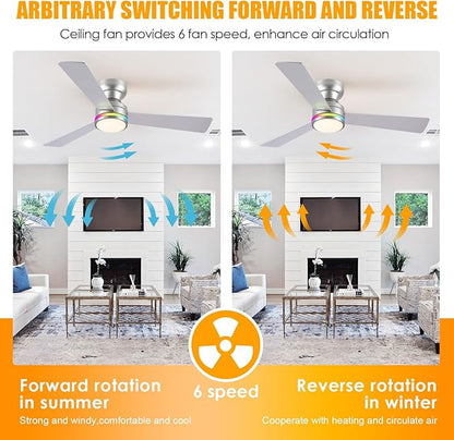 Asyko 46" Silver RGB Ceiling Fans Light,Low Profile Ceiling Fans with Lights and Remote,Modern Flush Mount Ceiling Fan Light with Quiet Reversible DC Motor for Bedroom Kids Room,Party