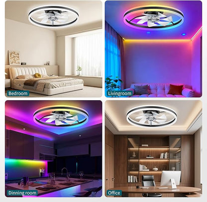 Ceiling Fans with Lights and Remote, 20" Low Profile Ceiling Fan, Dimmable Modern Flush Mount LED Fan Light, 6 Wind Speeds, Black Fandelier Ceiling Fans for Bedroom (Multicolor)