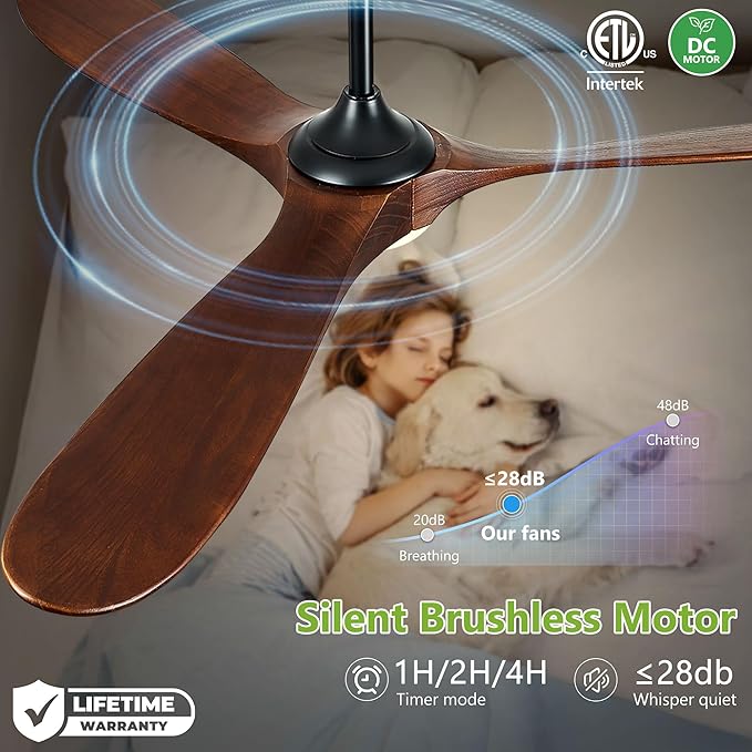 Haipeel 60 Inch Outdoor Ceiling Fans with Lights, Solid Wood Propeller 3 Blades Ceiling Fans with Lights and Remote Control Outdoor Fan for Patios Indoor, High CFM ETL Listed, Dark Walnut