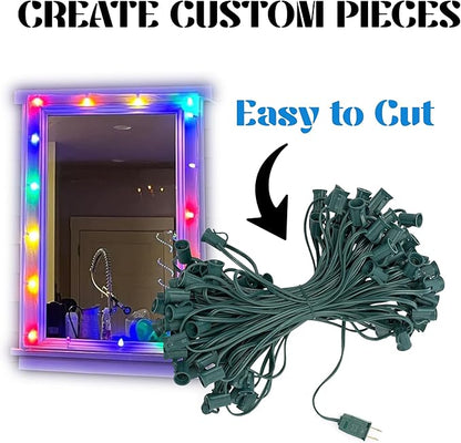 HLO Lighting C7 Light Strings | 25' Green Cord with 12" Socket Spacing, E12 Christmas Light Stringer