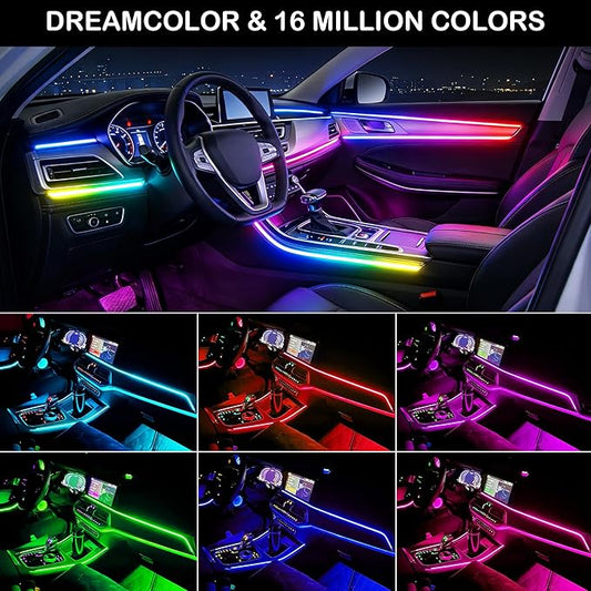 Interior Car LED Strip Lights, RGB 10 in 1 Dynamic Dreamcolor Chasing Acrylic LED Lights for Car, USB Powered Ambient Lighting Kits with Wireless APP, Sound Active Function Car Neon Lights (10 in 1)