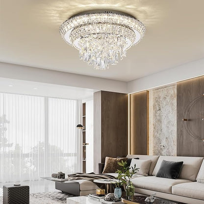 18 inch Crystal Silver Ceiling-Light Flush Mount With Remote Control and APP, 3CCT Dimmable & Brightness Adjustable, Modern Crystal Raindrop Chandeliers for Bedroom Hallway Dinning Room Living Room
