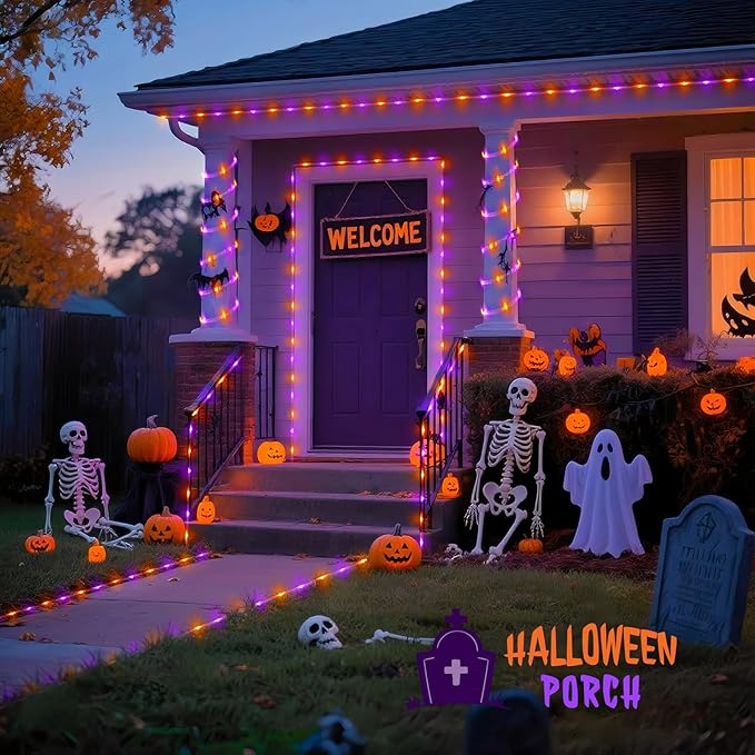 JMEXSUSS Orange Purple Halloween Solar Lights, 66 ft 200 LED Purple Rope Lights Outdoor Waterproof, Orange Christmas String Lights for Halloween Fall Party Tree Christmas