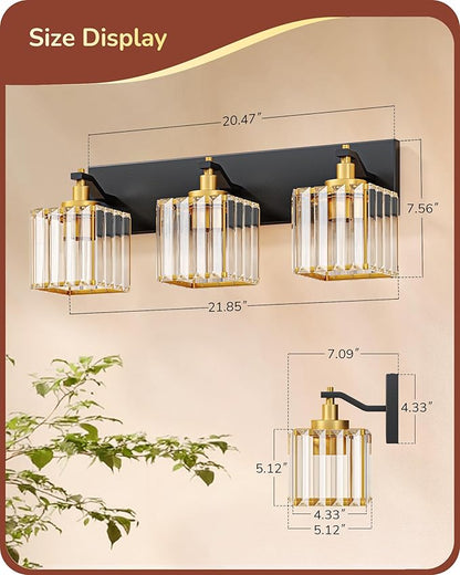 EDISHINE Modern Crystal Bathroom Vanity Light, 3-Lights Bathroom Light Fixtures Over Mirror, Black and Gold Vanity Light for Bathroom, Powder Room, Brass Wall Light Fixtures, E26 Base