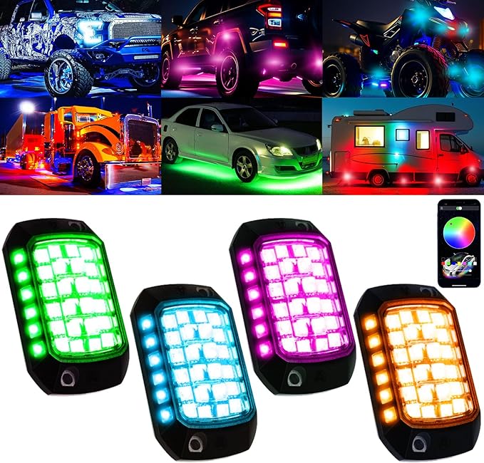 Rock Lights for Trucks, 36LED Full Angle RGB Led Rock Lights with APP/RF Control Flashing Music Mode, Multicolor Waterproof Underglow Led Lights Exterior Wheel Light for Truck UTV ATV Jeep SUV (4pcs)